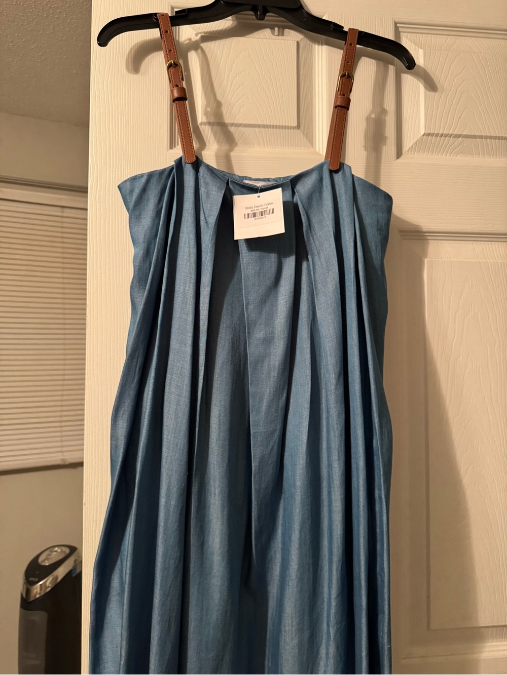 THML Denim Blue Dress with brown leather spaghetti straps